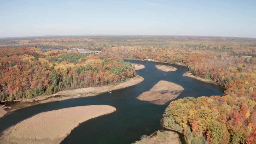 Au Sable River in Michigan during fall colors with drone video moving forward.