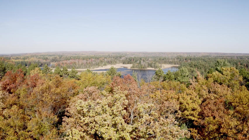 Au Sable River in Michigan during fall colors with drone video moving forward over trees.
