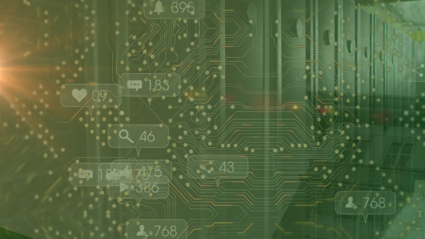 Animation of lights, integrated circuit and social media reactions over server room. Social media, communication, computers and technology concept digitally generated video. - Powered by Shutterstock - Get 15% off with code: PIKWIZARD15
