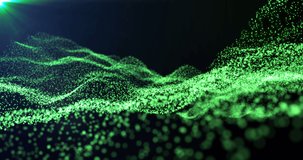 Futuristic abstract green glowing wave lines from dots and particles of shining pixels magical energy glowing neon in sunbeams. Abstract background. Screensaver, video in high quality 4k