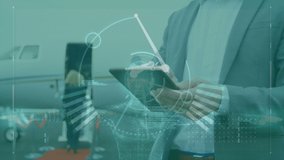 Video of artificial intelligence with interface while businessman using tablet pc outside airplane. Digital composite, networking, programming, coding, futuristic, computer, business travel. - Powered by Shutterstock - Get 15% off with code: PIKWIZARD15
