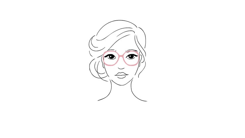 Girl and glasses. Drawn drawing. Various eyeglass frames. Vision correction. Fashion accessory. Face type. Point selection. Optics. Score. Business woman. White background.
