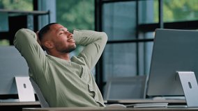 African American business guy man office worker manager entrepreneur man businessman company CEO boss programmer takes break to relieve stress satisfied finish work relax holding hands behind head - Powered by Shutterstock - Get 15% off with code: PIKWIZARD15