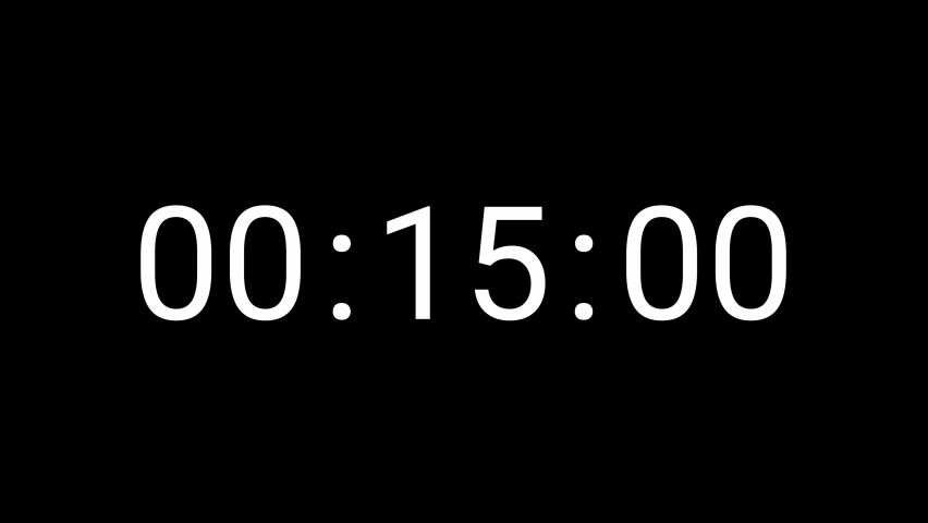 Stylish 15 seconds digital countdown clock timer. White number on isolated black background. Simple and minimal 4K footage motion. Black and white colour. 6 digits number count