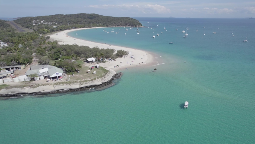 Flying On Great Keppel Island And Sailboats In Roslyn Bay, Capricorn Coast, Queensland, Australia. Aerial Drone