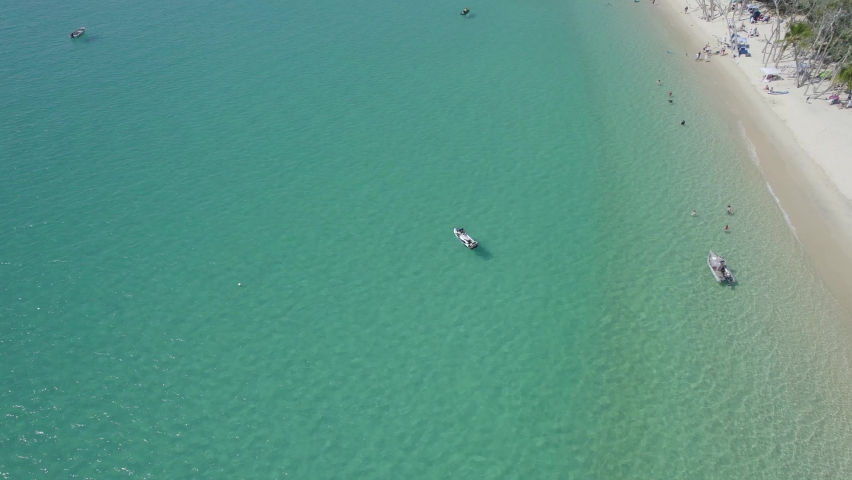 Tourists Holidaying On Great Keppel (Wop-pa) Island In Great Barrier Reef, Capricorn Coast, Queensland, Australia. Aerial Drone Shot