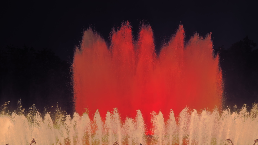 Night Shot Of Performance Of Singing Magic Fountain Of Montjuic In Barcelona, Catalonia, Spain. High quality 4k footage