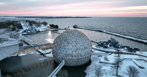 Aerial cinematic Toronto Ontario Place lakeshore waterfront sunrise