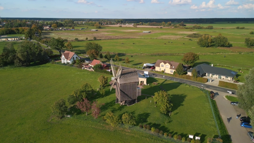 Countryside. Fantastic aerial view flight Green meadows, fields and wide nature 
