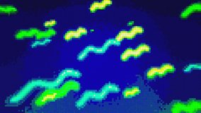 Transforming data glitch 8 bit retro neon cyberpunk iridescent background. Old school video game effect for your project. 