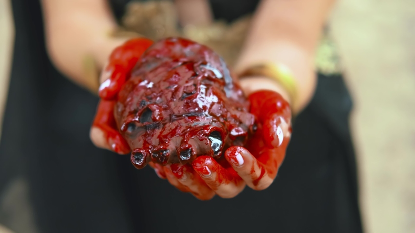 Fantasy close-up portrait of female hands holding bloody heart, piece of meat. Fingers stained with wet red blood liquid drips flows down. Girl gothic vampire queen. Woman dangerous bloodthirsty witch