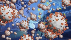 Animation of coronavirus mutants over under construction building over european union flag. Digital composite, multiple exposure, covid-19, pandemic, development, patriotism and identity concept. - Powered by Shutterstock - Get 15% off with code: PIKWIZARD15