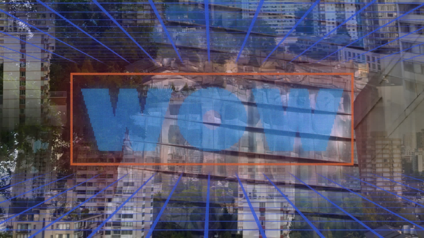 Animation of illuminated wow text in grid pattern over low angle view of building and cityscape. Digital composite, multiple exposure, skyscrapers, speech bubble and technology concept. - Powered by Shutterstock - Get 15% off with code: PIKWIZARD15
