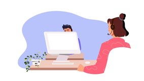 Customer Support Service operators. Moving man and woman hotline employee in headphones respond to customer requests and solve user problems. Technical assistance. Flat graphic animated cartoon