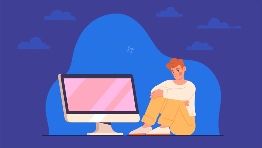 Cyber bullying in social video concept. Unhappy moving man suffers from online abuse and insults. Hands of aggressive haters point to victim through computer screen. Flat graphic animated cartoon Royalty-Free Stock Footage #1096904179