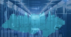 Animation of digital city and shapes over server room. Global sport, technology and digital interface concept digitally generated video. - Powered by Shutterstock - Get 15% off with code: PIKWIZARD15