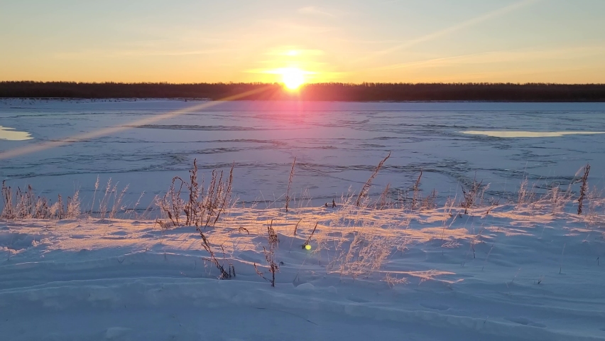 Frosty beautiful morning on the river in winter . Frost and sun