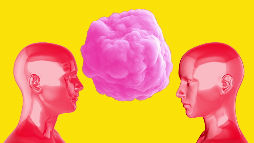 Woman and man red body with pink cloud in center. Realistic 3d art composition in creative modern stop motion style. Minimal abstract graphic concept design. Fashion loop animation.