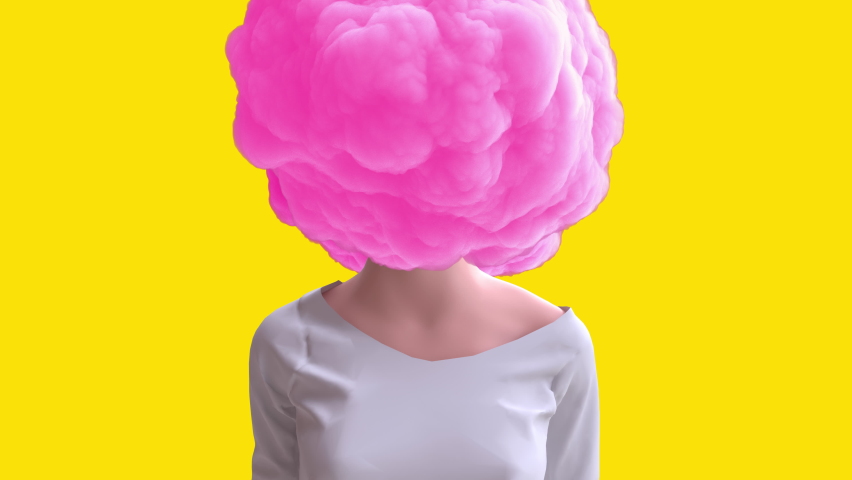 Woman body in cloth with pink cloud on head. Realistic 3d art composition in creative modern stop motion style. Minimal abstract graphic concept design. Fashion loop animation.