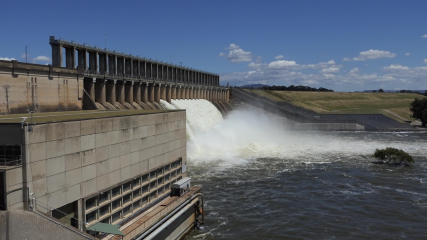 Hume Dam on the Murray River discharging flood water Royalty-Free Stock Footage #1096913605