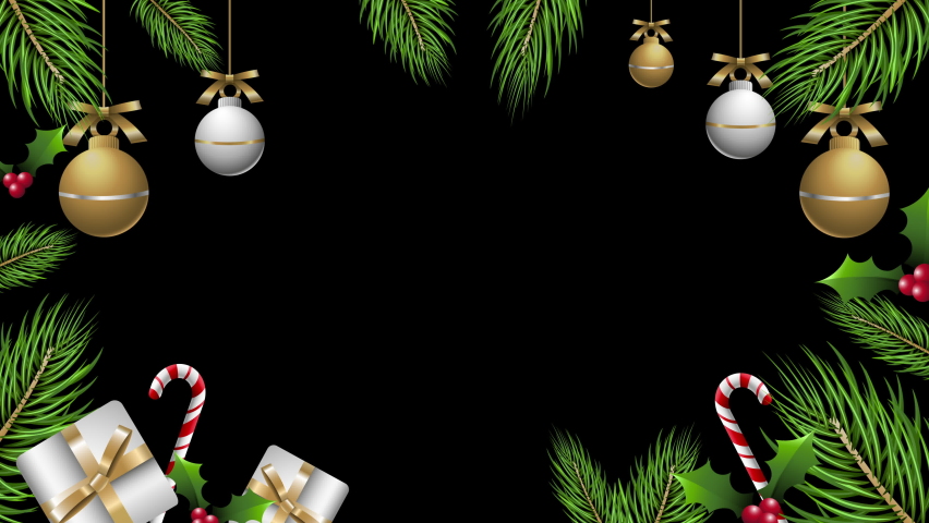 4K animation Design New Year and Christmas tree leaves with Xmas Black Backdrop Template Rotating frame template design Rotating realistic pine tree fresh branches with Christmas Decorations Royalty-Free Stock Footage #1096919251