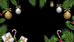 4K animation Design New Year and Christmas tree leaves with Xmas Black Backdrop Template Rotating frame template design Rotating realistic pine tree fresh branches with Christmas Decorations