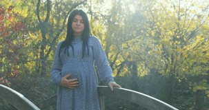  Tender pregnant woman in sun light outdoors. Copy space text. Pregnant mother touch care of belly, tummy stands on nature park. Gentle pregnancy on natural autumn background. Motherhood happiness