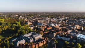 Establishing Aerial View Shot of Cambridge UK, academic city, Cambridgeshire ,United Kingdom, slowly circling
