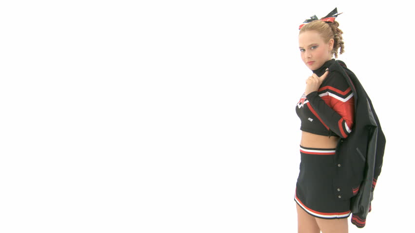 Cheerleader with a college jacket over her shoulder