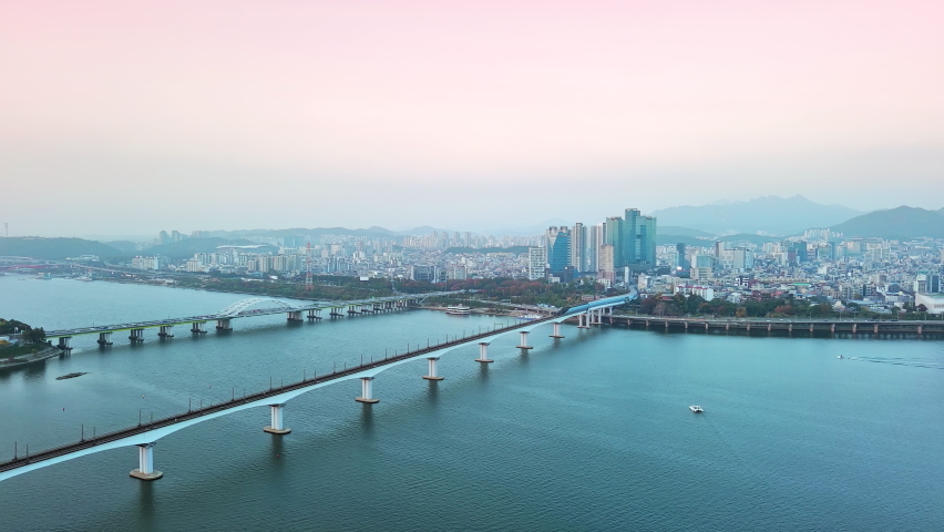 Seoul: Aerial view of capital city of South Korea, skyline of Hapjeong-dong with modern buildings (skyscrapers) at sunset, tree foliage in autumn colors - landscape panorama of East Asia from above