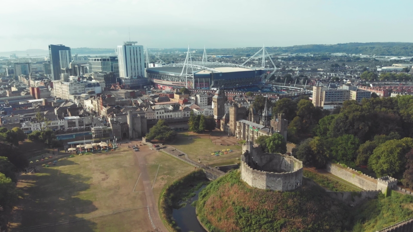 Aerial view of Principality Stadium and Cardiff Castle in Wales, UK Royalty-Free Stock Footage #1096921449