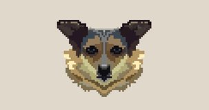
the good-natured dog winks. Breed mongrel, without breed. Gif looped video, pixel retro style, concept art, artwork. A multi-colored character for a 2d video game. He shows his tongue and smiles