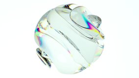 3d render abstract art video animation with surreal glass sphere or ball in deformation transformation process with dispersion rainbow color spectrum prism effect on isolated white background