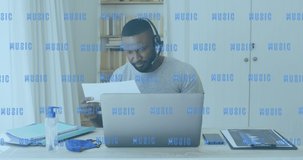 Animation of music text over african american man in phone headset using laptop. Global business and data processing concept digitally generated video.
