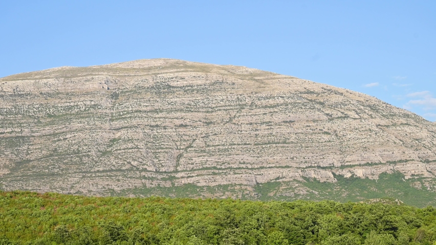 Forest and rocks on mountain. Landscape in summer. Mountain Dinara, Croatia. 