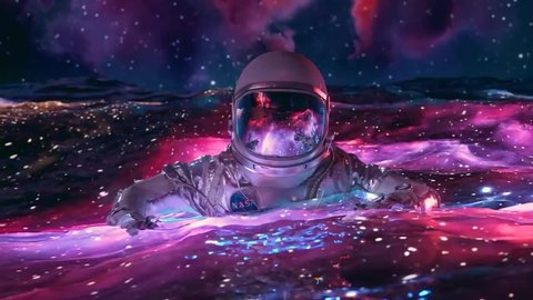 man swimming in space of galaxy 库存视频