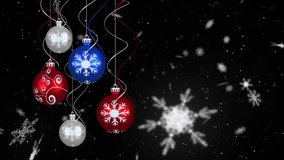 Animation of baubles over snow falling. Christmas, celebration and digital interface concept digitally generated video.