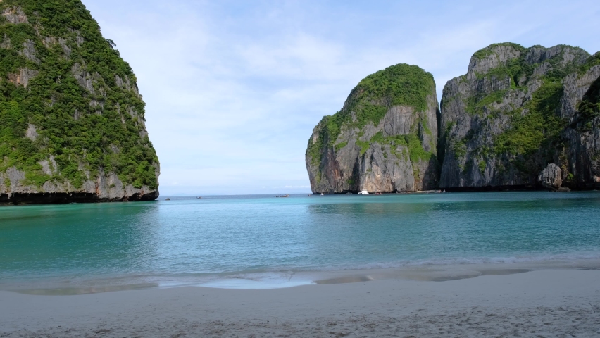 Koh Phi Phi Thailand empty Maya beach in the early morning with no tourist on the beach in the morning at Koh Phi Phi | Shutterstock HD Video #1096945387