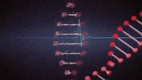 Animation of abstract pattern over dna helixes and heartbeat rhythm against black background. Digitally generated, hologram, rhythm, light, illuminated, research, genetic, healthcare and technology. - Powered by Shutterstock - Get 15% off with code: PIKWIZARD15