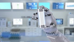 Battery research and development with 3d rendering robot hand hold li-ion or rechargeable battery in laboratory 4k footage