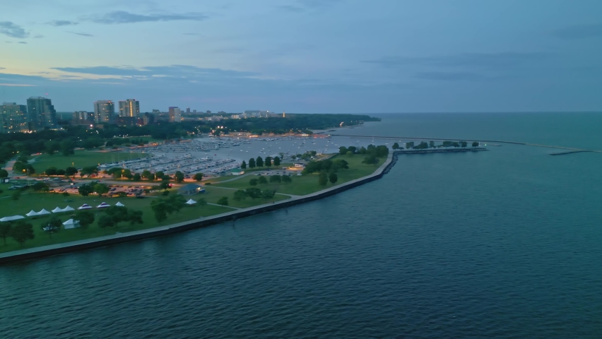 4K Cinematic Aerial View Pan Of McKinley Marina Milwaukee Blue Hour