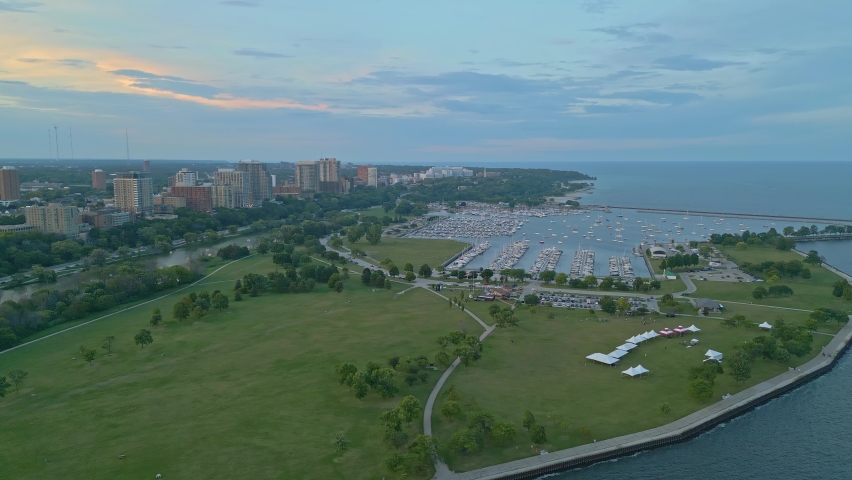 4K Cinematic Aerial View Pan Of McKinley Marina At Sunset Milwaukee, WI