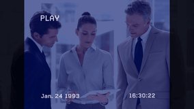 Animation of interference over diverse business people using tablet. Global business, technology and digital interface concept digitally generated video. - Powered by Shutterstock - Get 15% off with code: PIKWIZARD15