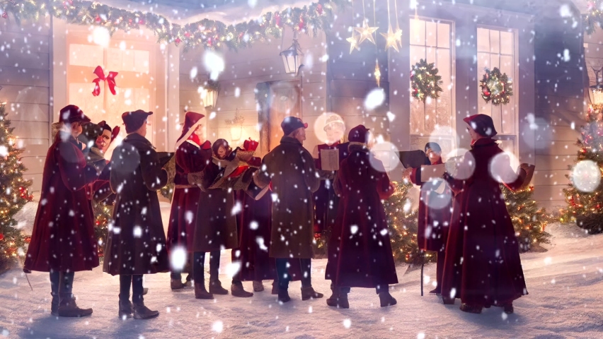 A group of carolers sing a chorus in front of a house with Christmas decorations. Moving falling snow. loop Royalty-Free Stock Footage #1096951109
