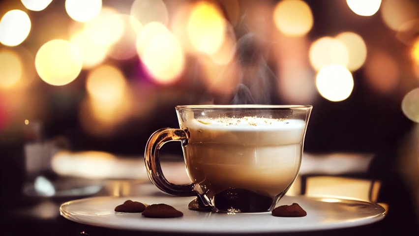 A mug of hot milk, coffee on a bokeh moving background. Loop | Shutterstock HD Video #1096951203