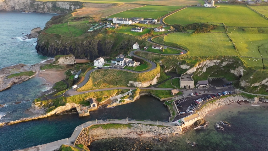 Aerial view of Ballintoy Harbour near Giants Causeway, County. Antrim, Northern Ireland, UK Royalty-Free Stock Footage #1096954073