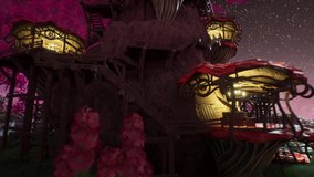 Tree with small Houses in a Magic Forest Mushrooms, Parcticles, Plants, Bright Butterflies 3D Animations Renderings CGI 4K - Powered by Shutterstock - Get 15% off with code: PIKWIZARD15