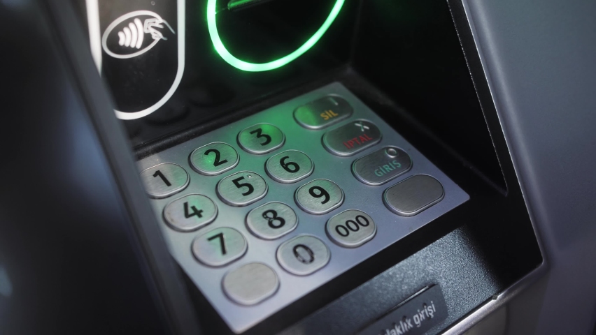 ATM concept. Enter pin code in cash machine. Close up of typing personal pin code in ATM cash machine. Royalty-Free Stock Footage #1096958601