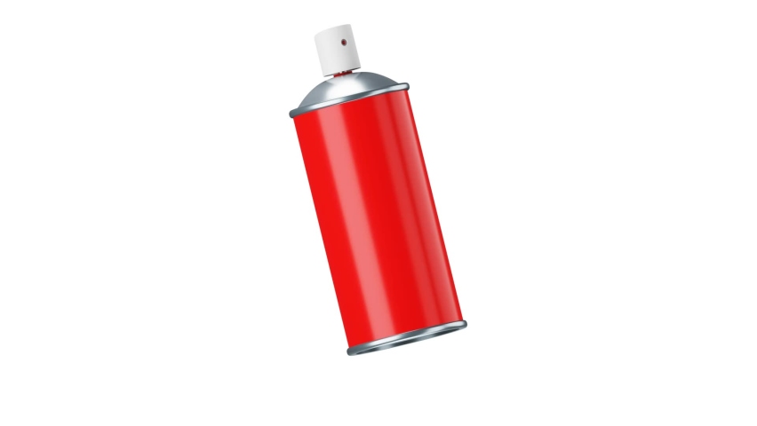 Paint sprayer. Aerosol paint red. Compressed air. Spray can shake for better work. Building materials. DIY work. Toxic spray. 3d animation in cartoon style full hd.