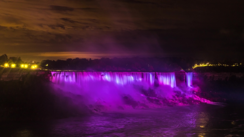 Uhd 4k Timelapse of Canadian side view of Niagara Falls, Horseshoe Falls at night in Niagara Falls, Ontario, Canada
